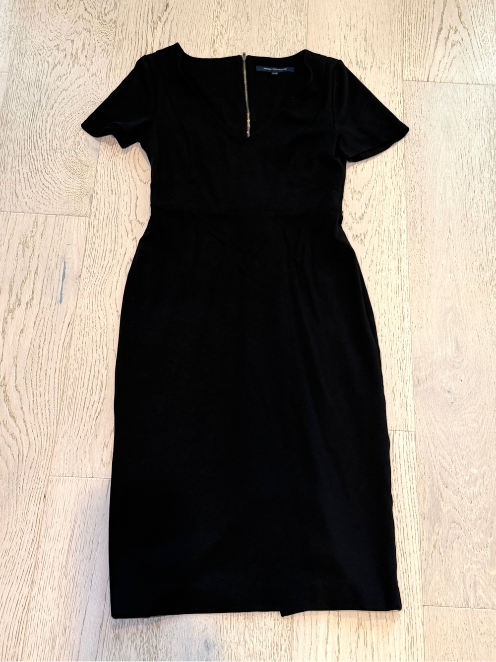 French Connection Black Short-Sleeve Sheath Dress with Gold Zip